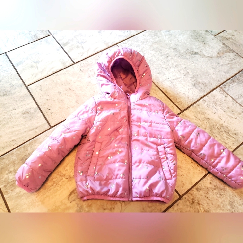 4t Purple Pink Hooded Puffer Winter Coat with Star Accents
